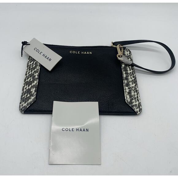 COLE HAAN Fallon Demi Wristlet Clutch Wallet Black Leather/Faux Snakeskin NWT - Picture 1 of 6